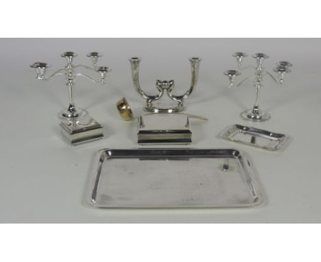 An attractive collection of silver Plateware, tray, boxes, butter and jam dish, candlesticks, soup ladle, bowl etc. A lot. (1