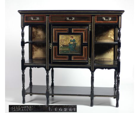 A late 19th Century Aesthetic movement ebonised and inlaid Side Cabinet, with three frieze drawers, the centre decorated door