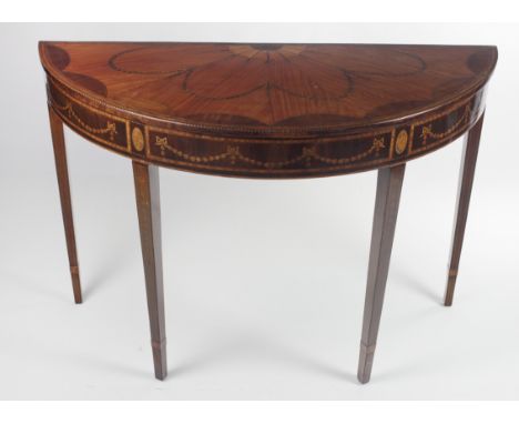 An exquisite early 19th Century demi-lune satinwood Side Table, the segmented top with a herringbone border surrounding multi