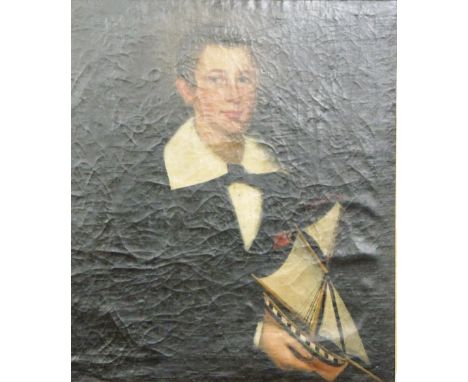 19th Century Irish School"Portrait of a Young Boy holding a toy yacht in hand, seated," O.O.C., approx. 76cms x 64cms (20" x 