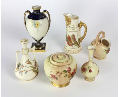 Royal Worcester: Six attractive hand painted pieces, jug, vases, bowl etc. (6)Provenance :  The Aske, Shankill, Co. Dublin.  