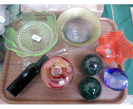 Selection of coloured glass incl. a pair of Kerry green glass paperweights, light green fruit bowl etc. (9)