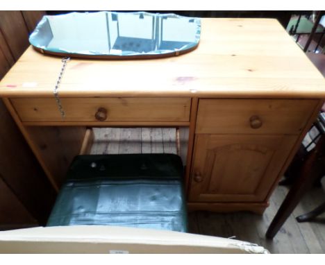 Polished pine rectangular topped desk table, fitted cabinet and 2 drawers each with circular handles