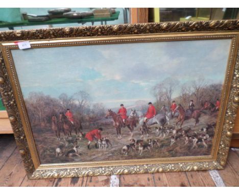 Large gilt framed print on board of a hunting scene