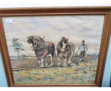 Gilt framed print of a pair of Shires with plough and another framed print of Shires at work (Guide Price £15 - £20)