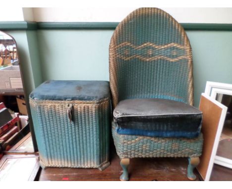 A matching light blue and gilt Lloyd Loom clothes basket with padded seat together with an oval backed chair