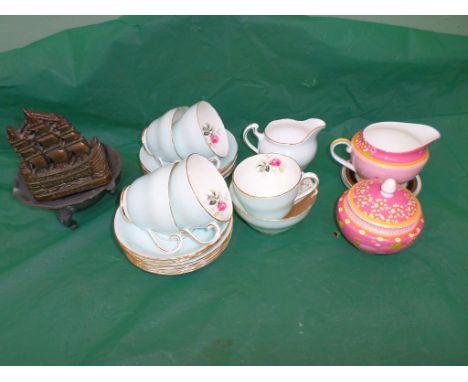 Gilt framed coloured flower print and a (17 pieces) part Adderley bone china duck egg blue and part pink rose tea service etc