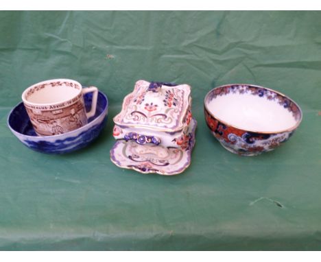 Vivid cobalt blue Jenny Lind fruit bowl, Crown Devon Yorkshireman ale tankard, Ridgeway Japanese patterned fruit bowl and a l