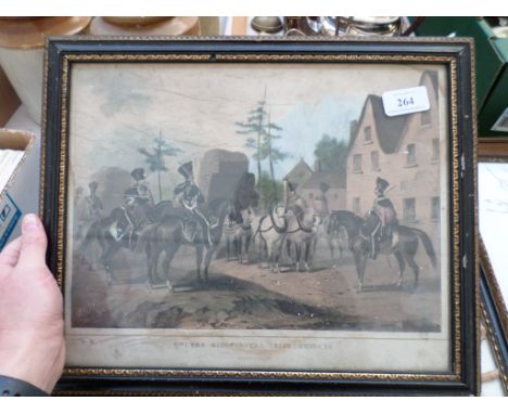 Framed country house hunting scene, 3 hogarth framed black and white landscape etchings and a coloured print of the King Roya