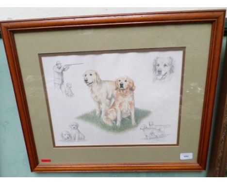 Framed coloured sporting print signed Nigel Hemming of a pair of Golden Retrievers to the central panel
