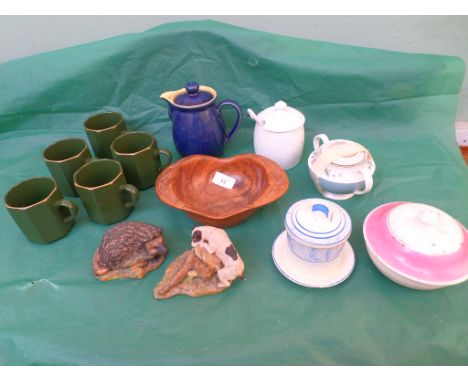 Magpie lot including dark blue Denby ware teapot, animal ornaments, Royal Doulton ' Envoy', lidded light blue and cream marma