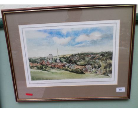 Framed coloured limited edition print, perhaps an early impression of the town of Louth signed Peter Wagon