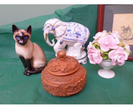 Magpie lot including cat and elephant ornament, framed Cecil Aldin print etc (7 pieces)