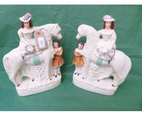 Pair of Staffordshire Victorian mantelpiece flatback figures each of bonneted lady and gentleman