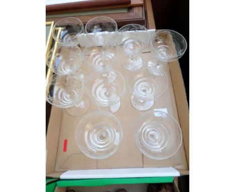 Selection of 11 etched glass champagne saucers