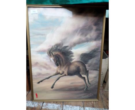White framed coloured print of a galloping horse 'Born Free' and a white framed coloured flower water colour signed Patricia 