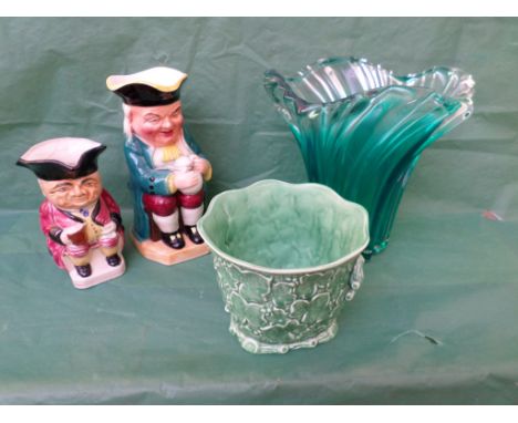 Vivid green studio glass fruit bowl, light green Sylvac No: 2047 bulb bowl and a Burlington ware Toby jug and another repaire