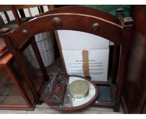 Oak 3cpt hall umbrella stand fitted tin liner to base together with a wall mounted circular brass dinner gong on oak plinth a