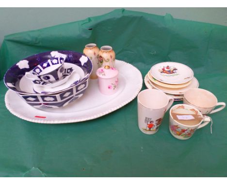 2 blue and white fruit bowls, selection of children's cups and saucers etc