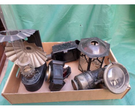 2 early 20th century bicycle lamps, small oil lamp and another with ornate fan shaped metal back with glass funnel (4)