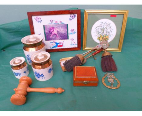 Magpie lot including 3 lidded Wade storage jars, framed prints, miniature brass fire irons, Lincoln Imp horse brass etc