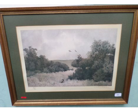 Gilt framed coloured sporting print signed Jonathan Sainsbury of a Spaniel flushing a pair of Cock Pheasants