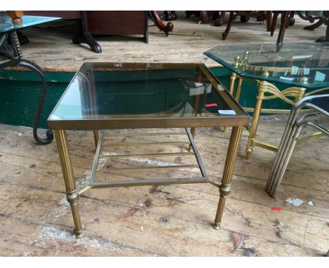 Brass framed occasional table with under storage shelf, smoked glass top