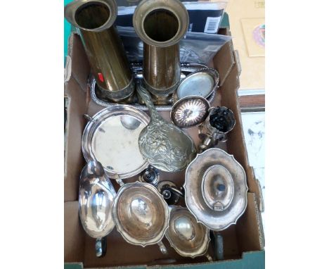 Box of mixed plate ware incl a 3 piece tea service, pair of brass mantelpiece vases and misc.