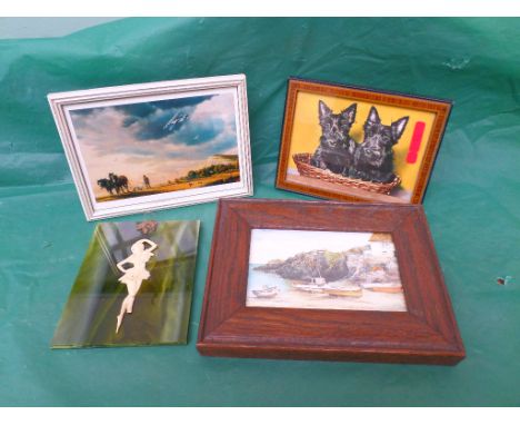 Oak framed signed watercolour of beached fishing boats, a framed print of biplane over the cliffs of Dover, ballerina miniatu
