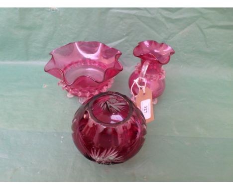 Victorian Cranberry glass milk jug and matching sugar basin and a later etched glass posy bowl