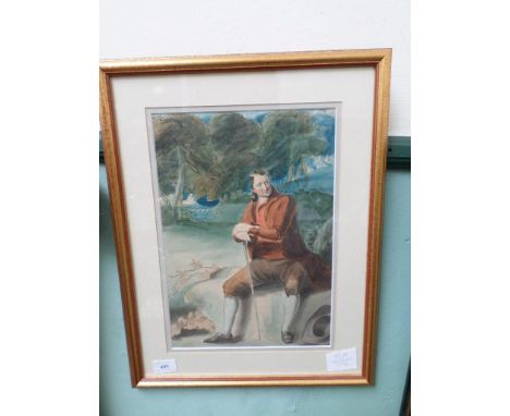 Gilt framed print of a gentleman seated on a stone beside forest glade