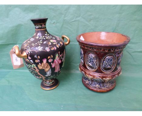 Doulton Lambeth planter depicting classical heads possibly by George Tinworth (8 1/2" high) and a decorative Spode enamel bla