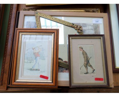 5 various framed prints incl an early coloured golfing print signed Jim, gilt framed mirror etc.