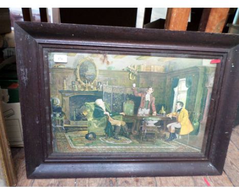 Oak framed coloured print of gentlemen playing cards on table beside fireplace