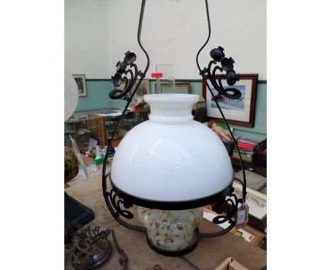 Victorian hanging lamp with decorative metal surround, mottled white and orange flecked bowl, clouded glass shade and flue