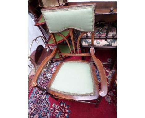 Inlaid mahogany hall chair, high backed with 3 splayed sticks to back, the studded padded part-back and seat upholstered in l