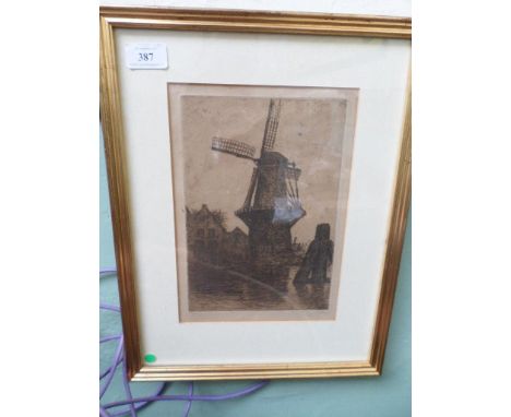 Gilt framed signed sepia print of a windmill