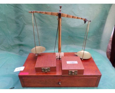 Delicate pair of apothecary brass scales ex Becker's &amp; Sons of  Rotterdam incl weights and other accessories