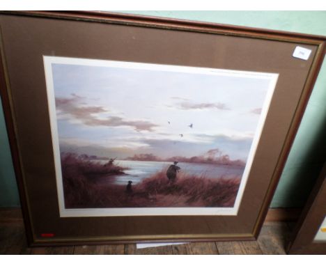 Framed and signed John Thickett print of Wild Fowlers Ducks in Flight