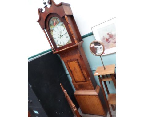 19th Century long cased clock inlaid in mixed woods, swan neck pediment with brass finial, the hand painted half moon to dial