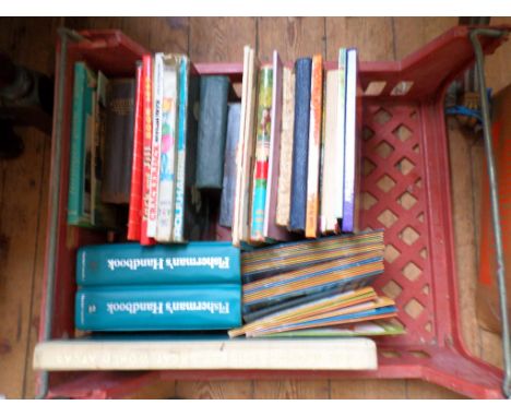 Tray of books and journals including large selection of Fisherman's handbook, workshop tools, lubricants etc