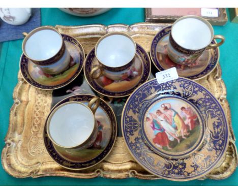 4 Vienna cups and saucers and side plates signed Kauffman in similar style to the previous lot each mainly depicting individu