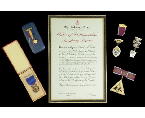 Salvation Army Order of Distinguished Auxiliary Service Distinguished Service Cross, silver-gilt and enamel, the reverse engr