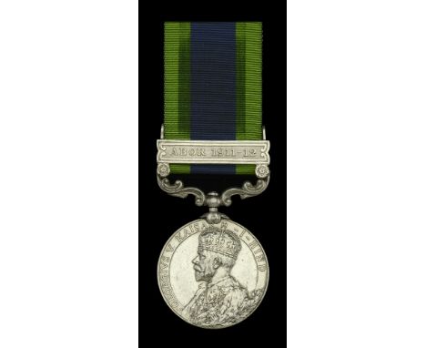 India General Service 1908-35, 1 clasp, Abor 1911-12 (3921 Sepoy Sundar Singh. 32d. Sikh Pioneers) first name partially offic