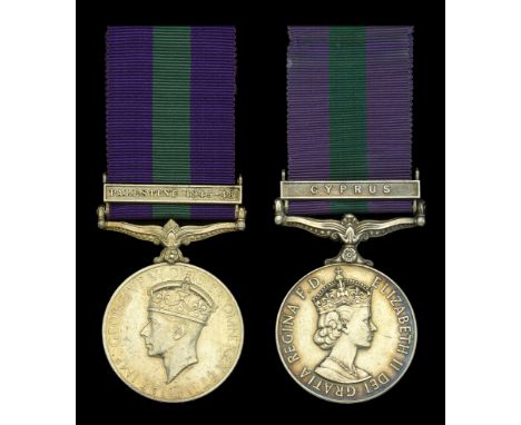 General Service 1918-62 (2), 1 clasp, Palestine 1945-48 (4546540 Sjt. R. E. Drewery. D.W.R.); 1 clasp, Cyprus (22791309 Sgt. 