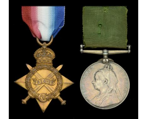 1914-15 Star, an unnamed example; together with a Volunteer Force Long Service Medal, V.R., unnamed as issued, mounted as wor