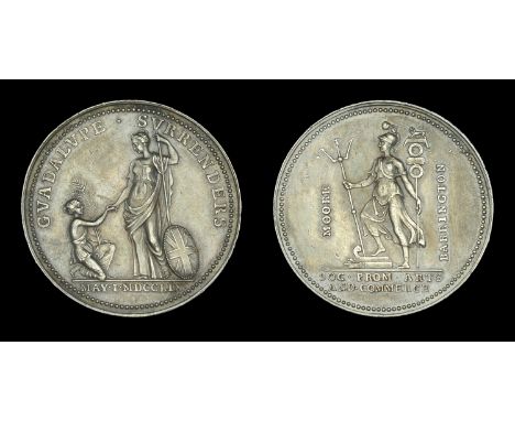 Guadalupe Surrenders Medal, 1759, 40mm, silver, the obverse depicting kneeling native with sugar cane taking hand of upright 