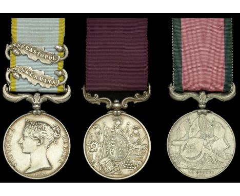 Three: Sergeant E. Rushton, Royal Artillery  Crimea 1854-56, 2 clasps, Inkermann, Sebastopol, unofficial rivets between clasp