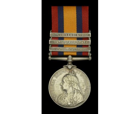 Queen’s South Africa 1899-1902, 3 clasps, Cape Colony, Orange Free State, South Africa 1902 (6722 Pte. F. [sic] Storr. Manch: