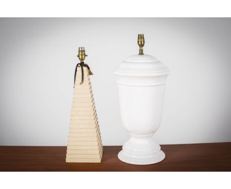 A CREAM ZIGGURAT WOODEN TRIANGULAR STEPPED LAMP, and a ceramic table lamp, 50cms high (2).&nbsp;&nbsp;